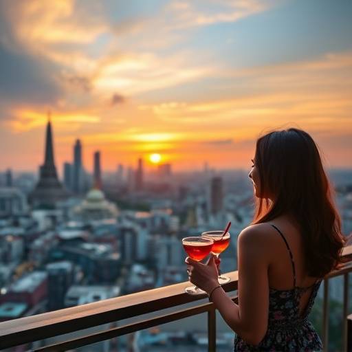 A couple enjoying a sunset cocktail on a rooftop bar overlooking the skyline of Bangkok, Thailand.