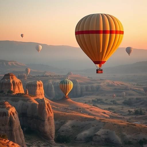 A hot air balloon soaring over the surreal landscape of Cappadocia, Turkey.