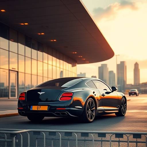 A luxury car awaiting travelers at an airport, with a cityscape in the background.