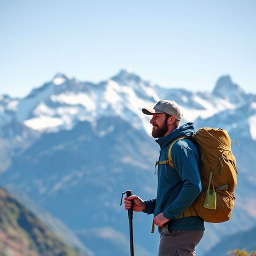 A person hiking in the mountains of Patagonia, with snow-capped peaks in the distance.
