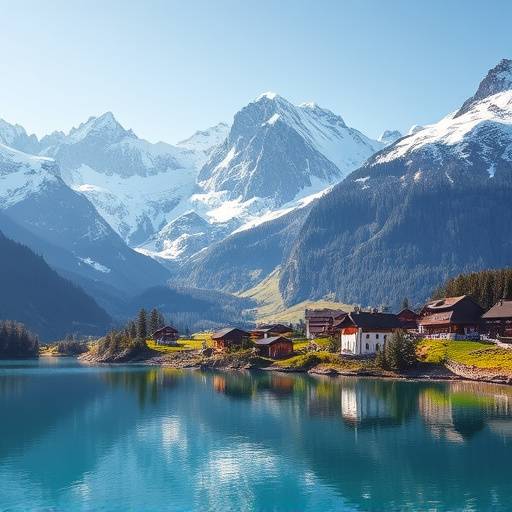 A picturesque view of the Swiss Alps, Switzerland, with snow-capped mountains, a charming village, and a crystal-clear lake.