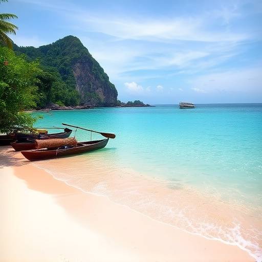 A serene beach in Bali, Indonesia, with crystal-clear turquoise water and lush green vegetation.