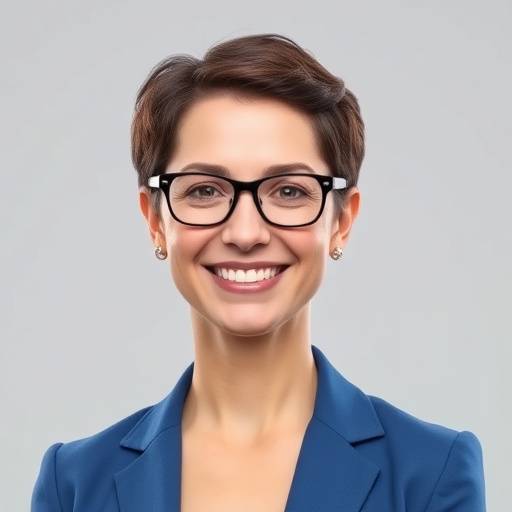 A smiling woman with short brown hair, wearing glasses and a blue blazer, is the CEO of Wanderlust Escapes.