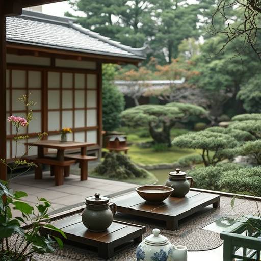 A traditional Japanese tea ceremony being performed in a serene garden in Kyoto, Japan.