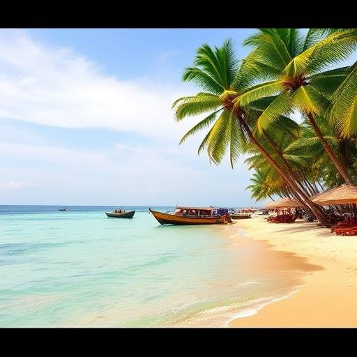 A tranquil beach scene in Bali, Indonesia, with turquoise waters, lush green palm trees, and traditional Balinese umbrellas offering shade.