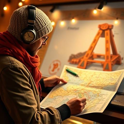 A travel specialist meticulously planning an itinerary with maps and destination guides.