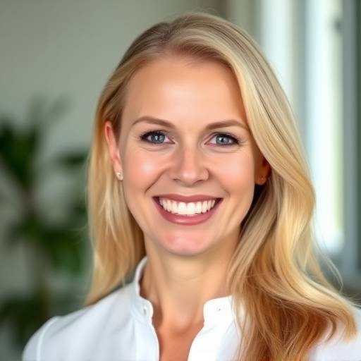 A woman with long blonde hair, wearing a white blouse and a friendly smile, is the Customer Relations Manager at Wanderlust Escapes.