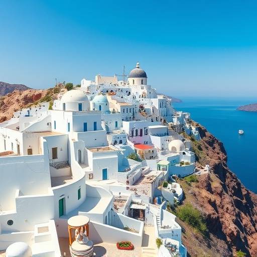Picturesque whitewashed buildings on the island of Santorini, Greece, overlooking the Aegean Sea.
