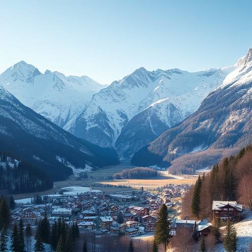 Snow-capped peaks of the Swiss Alps with a charming village nestled in the valley below.