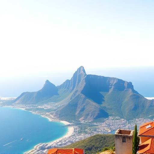 Table Mountain overlooking the city of Cape Town, South Africa, with the ocean stretching to the horizon.