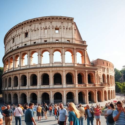 The Colosseum in Rome, Italy, a historic amphitheater with tourists exploring the ancient ruins.