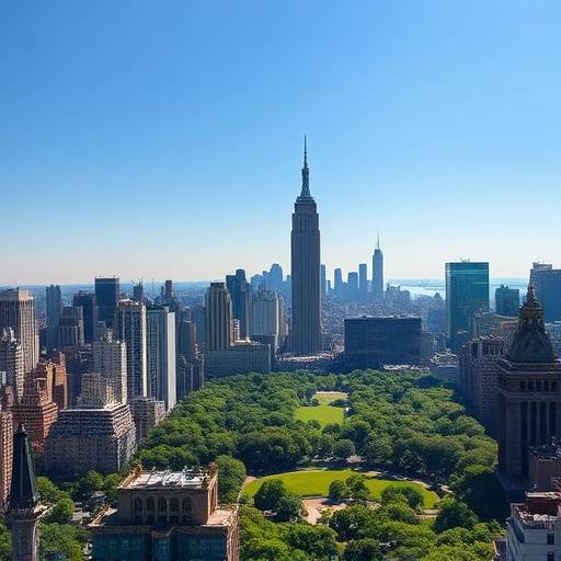 The iconic skyline of New York City, USA, with skyscrapers towering over Central Park.