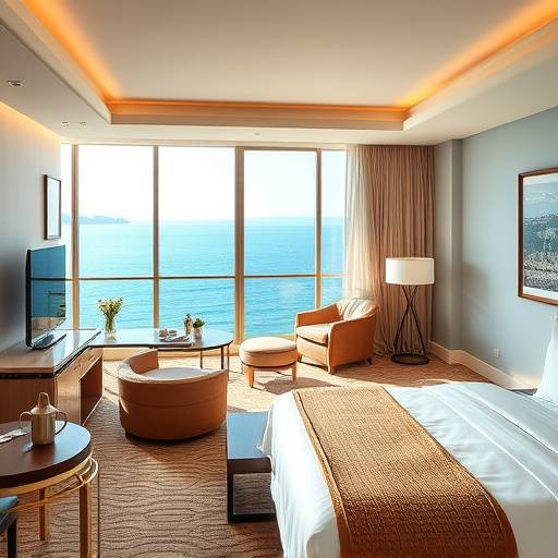 The interior of a luxurious hotel suite with a panoramic ocean view.