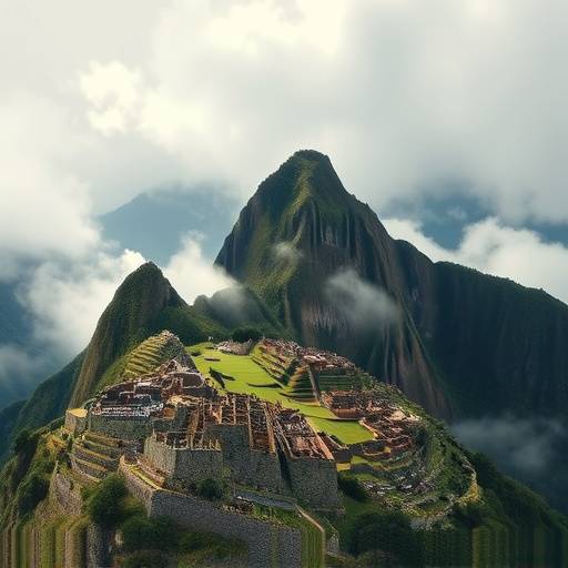 The majestic ancient Inca city of Machu Picchu, Peru, perched high in the Andes Mountains, shrouded in mist.