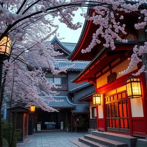 Traditional Japanese architecture in Kyoto, Japan, with cherry blossoms in full bloom.